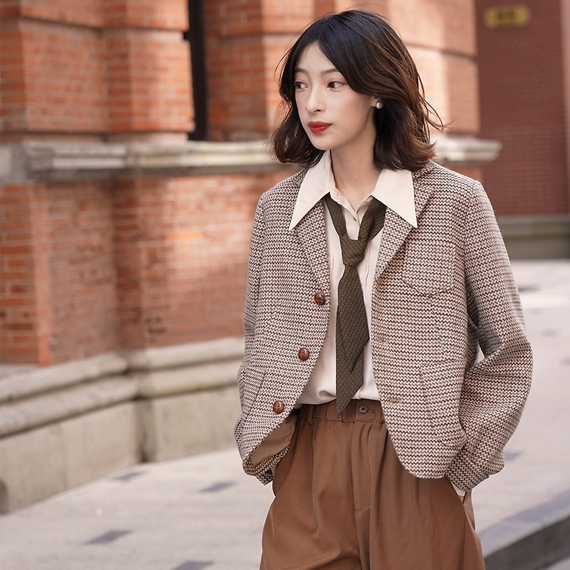 Short Houndstooth Blazer|Coat|Autumn|Wool Blend|Sora-584 - Women's Blazers & Trench Coats - Wool 