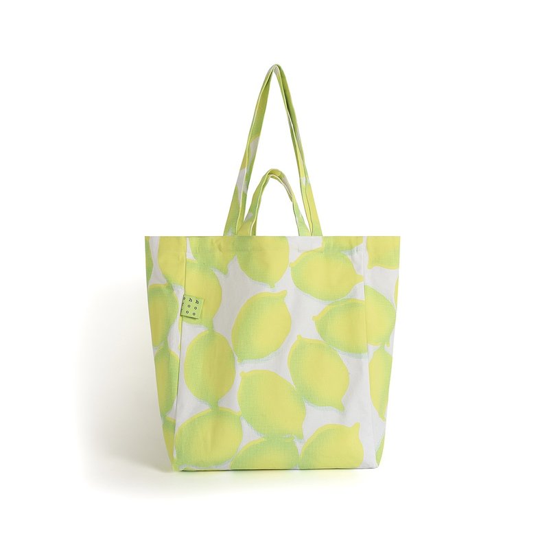 印花帆布大包-檸檬綠圖案 - 側背包/斜背包 - 棉．麻 黃色