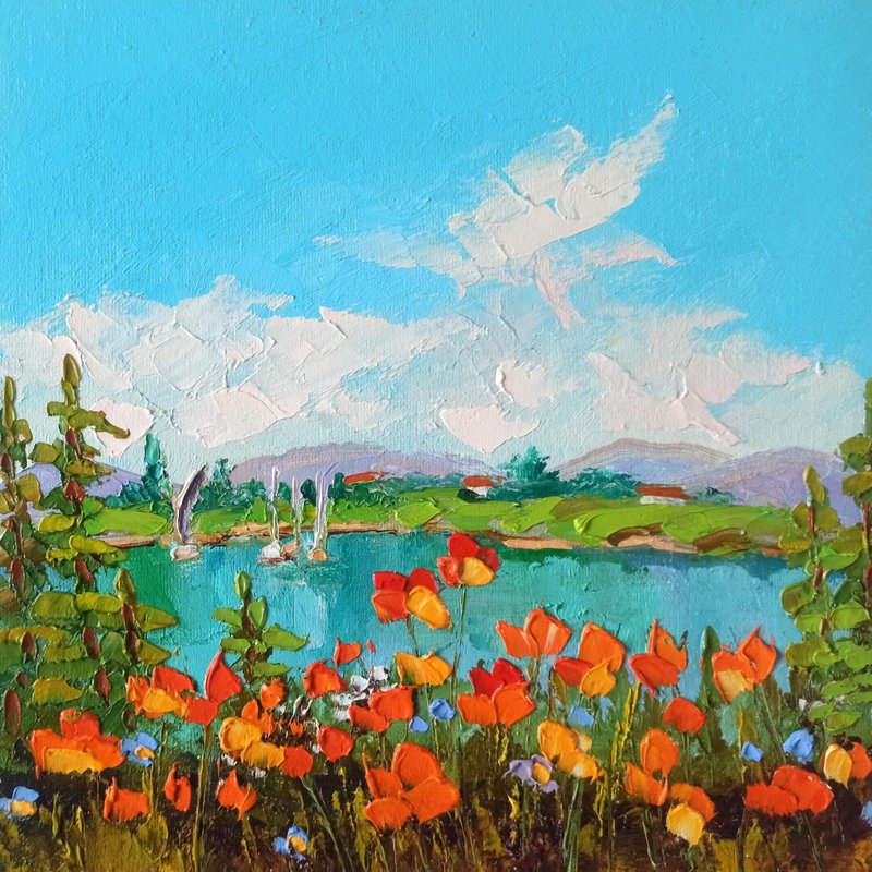 Poppies Landscape Oil Painting on Canvas Board 25x25cm Impasto Artwork - 海報/掛畫/掛布 - 其他材質 多色