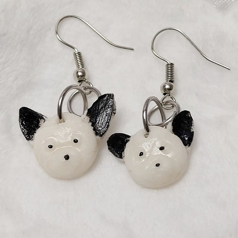 White Chiwawa Dog Earring Handmade Air Dry Clay Eco Friendly Stainless Hook - Earrings & Clip-ons - Clay White