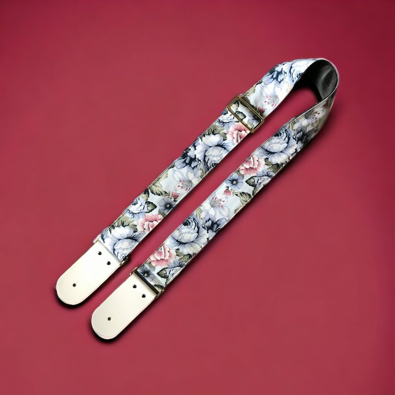 Blue Pastel Flora  Guitar Strap, Genuine Leather Guitar Strap - Other - Cotton & Hemp Blue