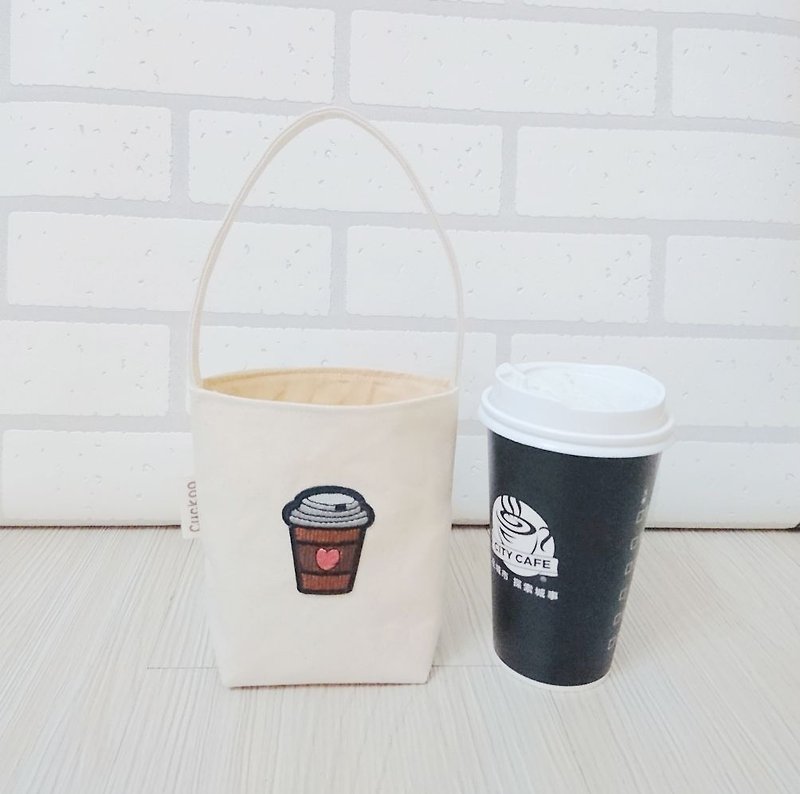 Environmental protection bag beverage coffee bag embroidery coffee love - ถุงใส่กระติกนำ้ - ผ้าฝ้าย/ผ้าลินิน 