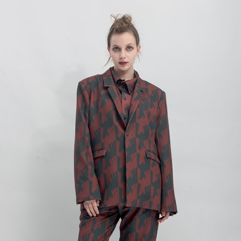 INF 烏鴉千鳥印花西裝外套 / 熾焰紅 - 女西裝外套 - 聚酯纖維 紅色