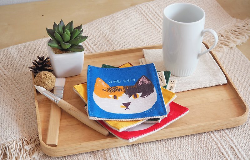 Coaster canvas with calico cat print set 5 Pcs. - ที่รองแก้ว - ผ้าฝ้าย/ผ้าลินิน หลากหลายสี