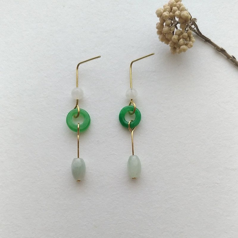 e093 edge - jade green Bronze pin clip earrings - ต่างหู - เครื่องประดับพลอย 