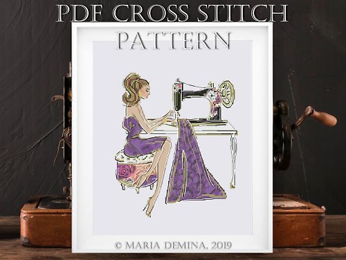 LittleRoomInTheAttic Sew Beautiful! The Lady and Sewing Machine PDF cross stitch pattern