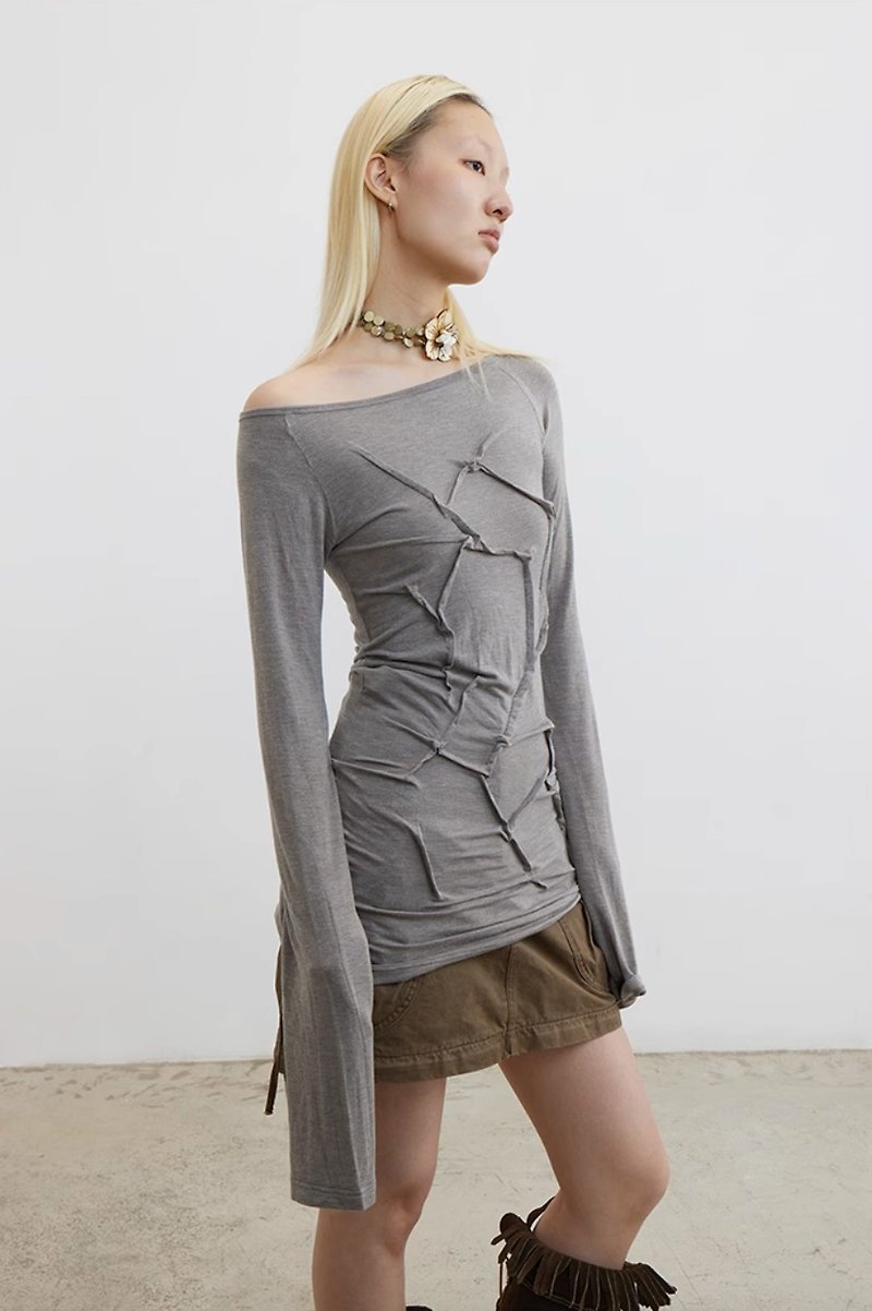Cobweb Cardigan Cobweb Pleated Wide Neck Slim Fit Bell Sleeve Base Knit Sweater - Women's Tops - Cotton & Hemp Gray