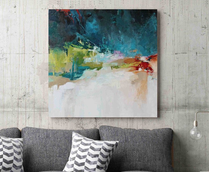 Blue Green Art | Blue Green Painting Canvas | Blue Green Abstract | Thunderstorm - 壁貼/牆壁裝飾 - 棉．麻 藍色