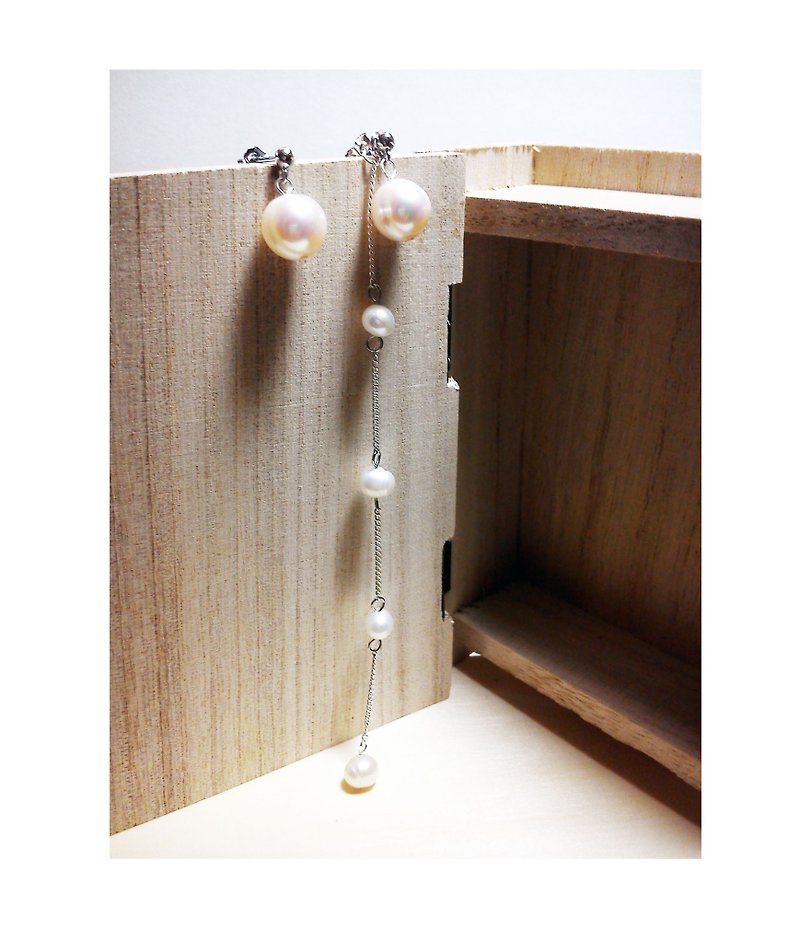 Detachable hand-made extra long 13cm freshwater pearl earrings designed by yourself - ต่างหู - โลหะ สีเงิน
