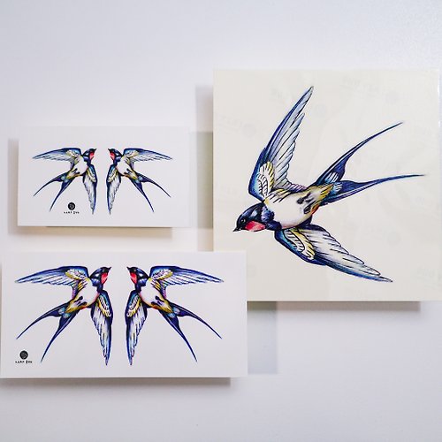 ╰ LAZY DUO TATTOO ╮ LAZY DUO手繪唯美水彩刺青紋身貼紙美式復古燕子雀鳥自由飛翔彩色
