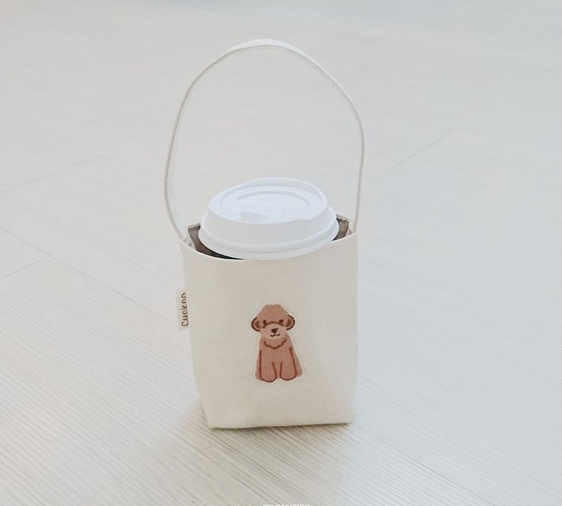 Beverage bag, green bag, hand bag, coffee bag, embroidery dog, dog - ถุงใส่กระติกนำ้ - ผ้าฝ้าย/ผ้าลินิน 