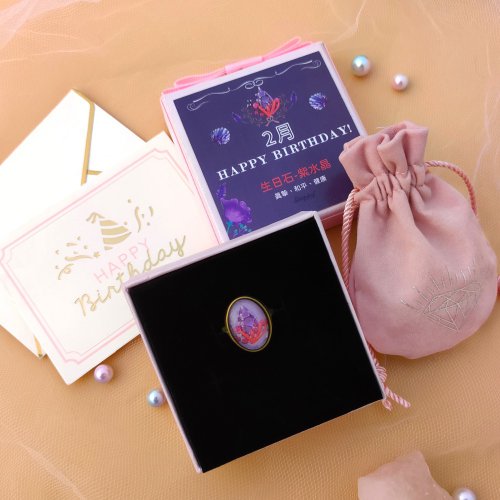 StephyDesignHK 2月紫水晶生日石絲巾扣禮盒套裝 /生日禮物 / 客製化生日戒指禮物