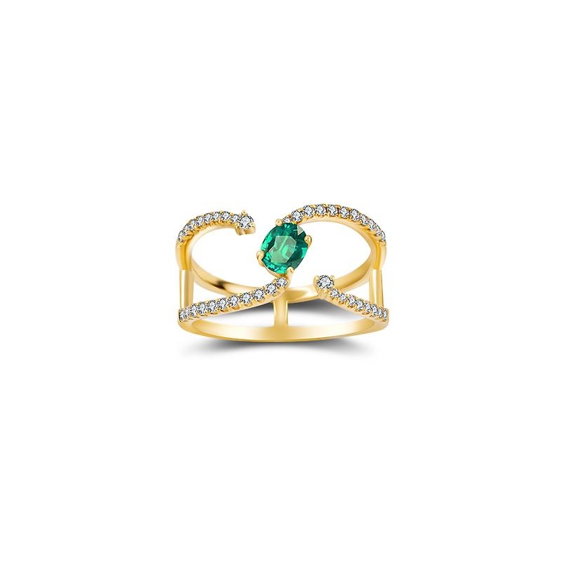 Single Emerald Connected Diamond Ring - แหวนทั่วไป - เครื่องเพชรพลอย สีเขียว