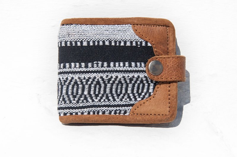 Woven stitching leather short clip short wallet coin purse woven short clip-ethnic style African black and white ethnic style - Wallets - Genuine Leather Black