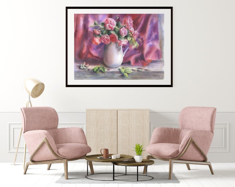 Roses wall art original watercolor poster by artist Irina Zhunaeva - 海報/掛畫/掛布 - 紙 多色