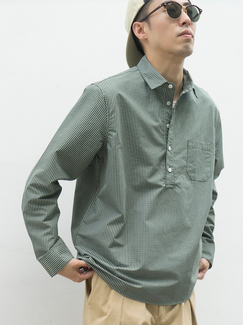日系寬松風格 初秋套頭工裝格子長袖襯衫 拼色條紋休閒襯衫 - 男裝 恤衫 - 棉．麻 綠色