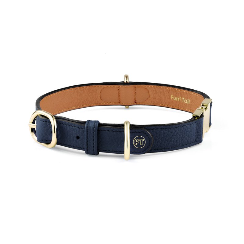 Handcraft Engraved Leather Dog Collar - Navy Blue - ปลอกคอ - หนังแท้ สีน้ำเงิน