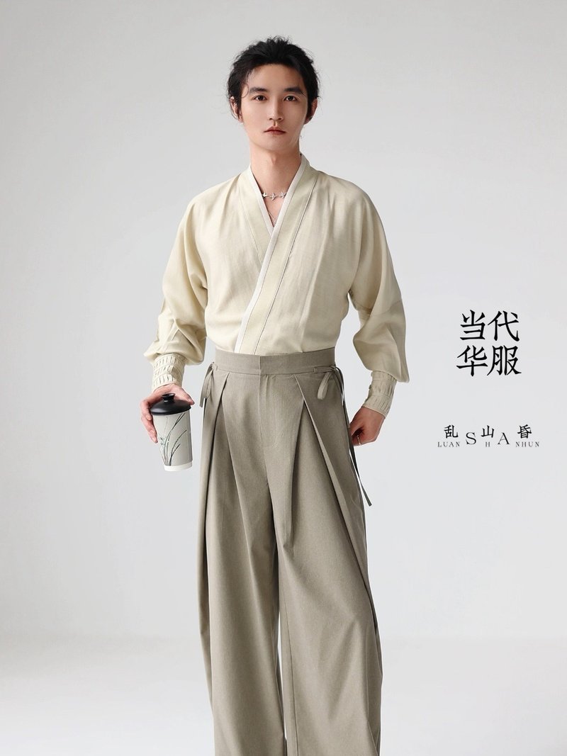 亂山昏新中式國風原創淺綠色交領通勤多褶束袖日常長袖漢服襯衫男 - 男襯衫/休閒襯衫 - 其他材質 