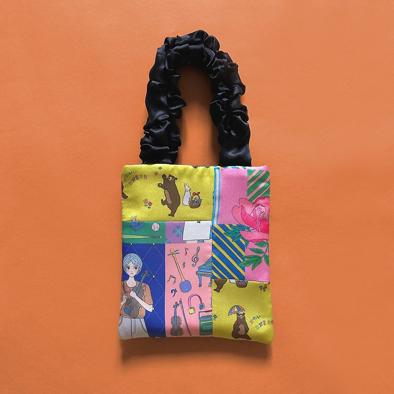 Scratched handle patchwork mini tote bag - กระเป๋าถือ - เส้นใยสังเคราะห์ หลากหลายสี