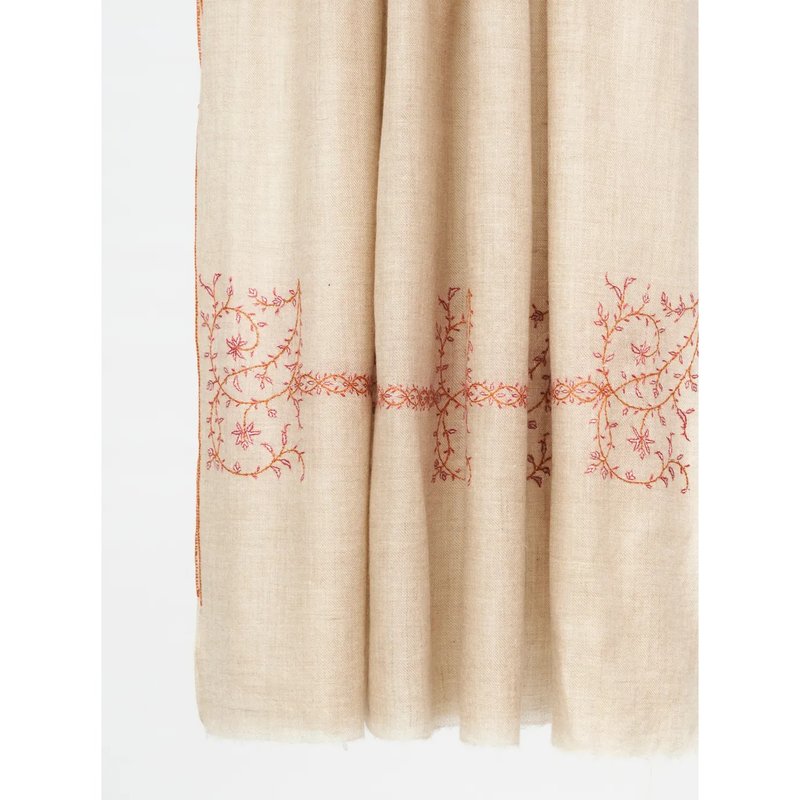 カシミヤ アイボリー 原色 オレンジ 花模様 手刺繍 / カシミール 手織りショール 100% パシュミナ - マフラー・ストール - ウール カーキ