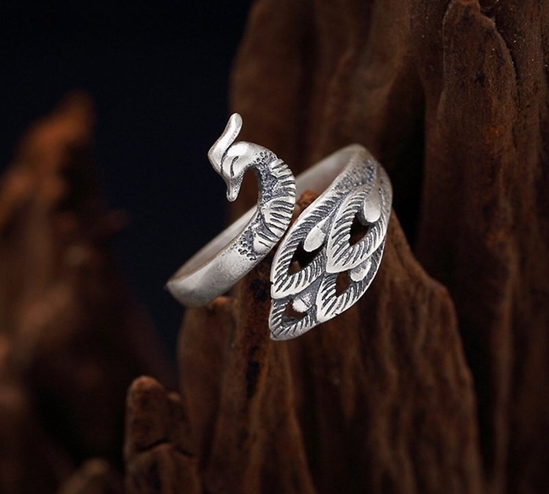 Real S 990 Fine Silver Jewelry Opening Handmade Engraved Peacock Rings Women - General Rings - Silver Silver