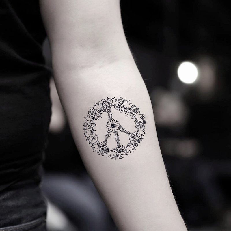 Peace Sign Flower Temporary Fake Tattoo Sticker (Set of 2) - OhMyTat - Temporary Tattoos - Paper Black
