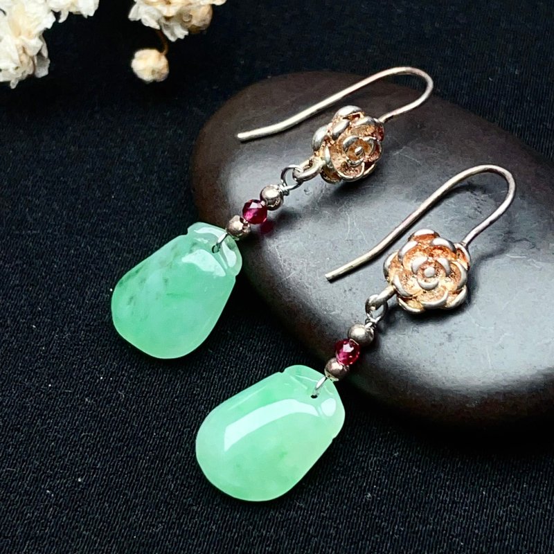 [Fu Ru Donghai] Ice green flower jade melon 925 sterling silver earrings | Natural Burmese jade A goods - Earrings & Clip-ons - Jade Green