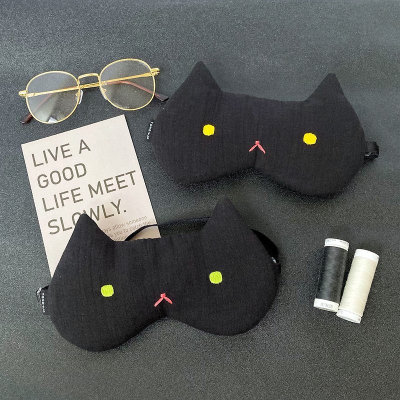 Original all black cat with yellow eyes and green eyes hand embroidered eye mask organic cotton adjustable length with storage bag - Eye Masks - Cotton & Hemp Black