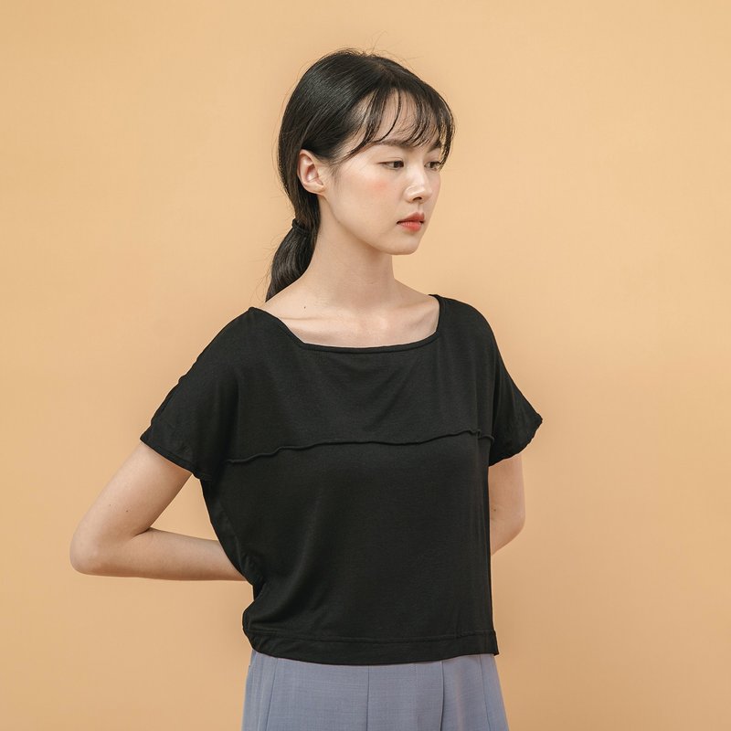 Crystal_澄澈方領上衣_20SF007_黑 - 女上衣/長袖上衣 - 棉．麻 黑色