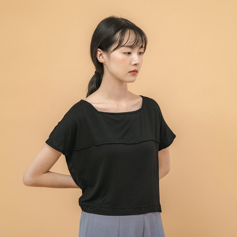 Crystal_clear square collar top_20SF007_black - Women's Tops - Cotton & Hemp Black