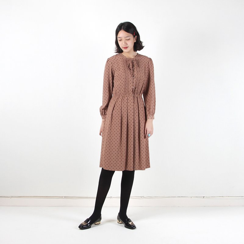 [Vintage] egg plant caramel powder printing long-sleeved vintage dress - One Piece Dresses - Polyester Brown