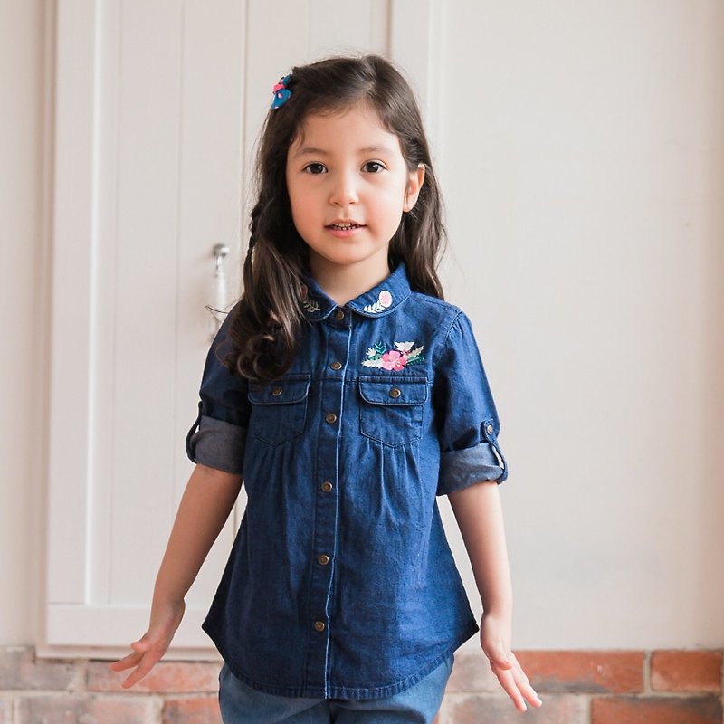 Denim embroidered shirt │Cuffs folded │Blouse and blouse - Tops & T-Shirts - Cotton & Hemp Blue