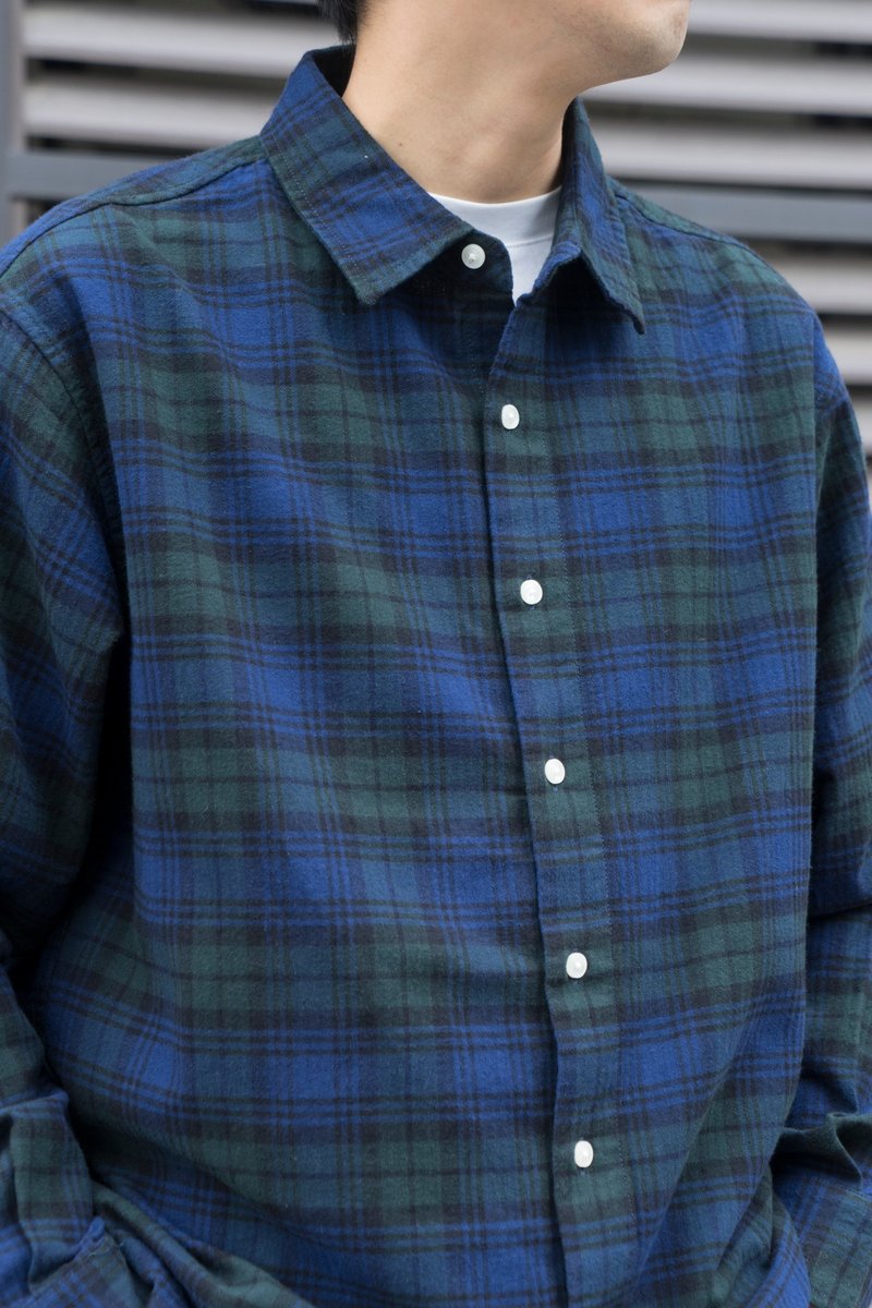 SHIRT 日系潮流藍綠色寬鬆休閒格子長袖襯衫 Vintage Cityboy - 男襯衫/休閒襯衫 - 棉．麻 藍色