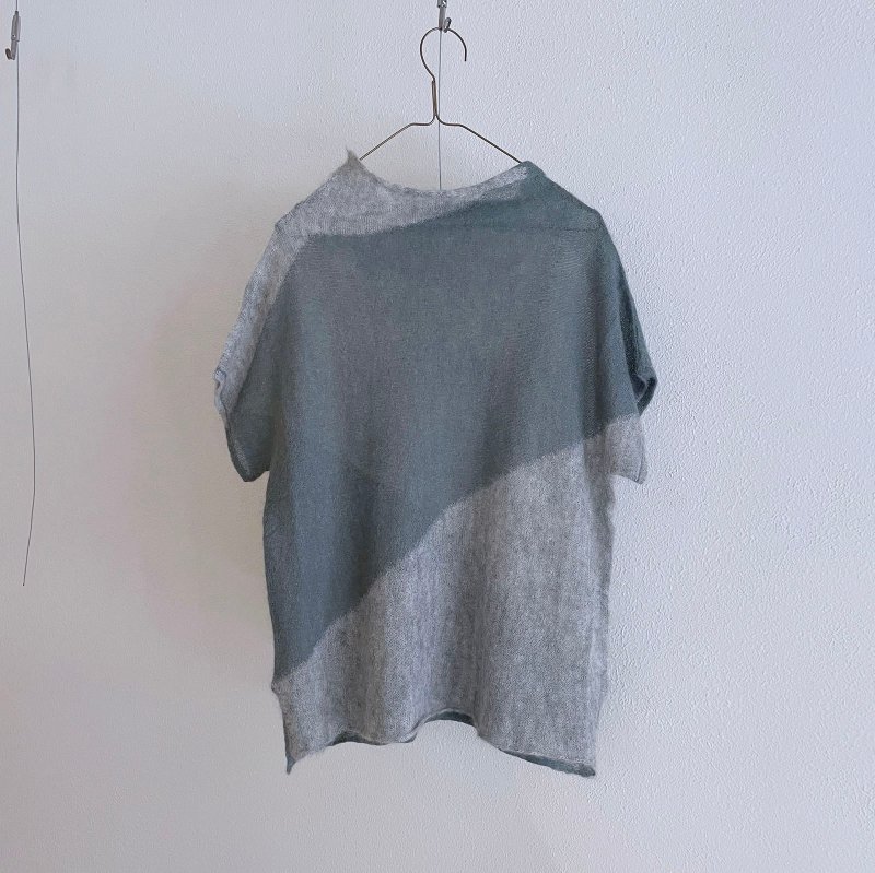 Color block two-wear short-sleeved alpaca sweater - gray green - Women's Sweaters - Wool Multicolor