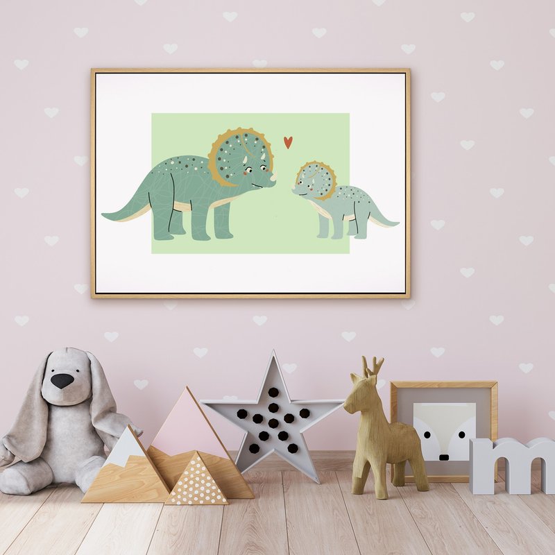 溫馨相望-療癒恐龍掛畫/送禮小物/兒童房裝飾畫/可愛禮物推薦 - 海報/掛畫/掛布 - 棉．麻 綠色