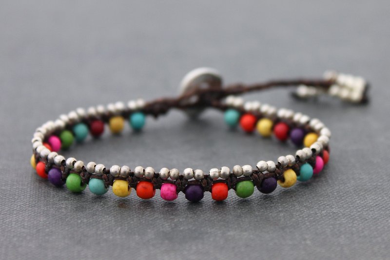 Beaded Stone Bracelets, Candy Mix Silver Woven Cord Bracelets, Macrame Hippy Tibetan Ethnic Colorful Bracelets - Bracelets - Stone Multicolor