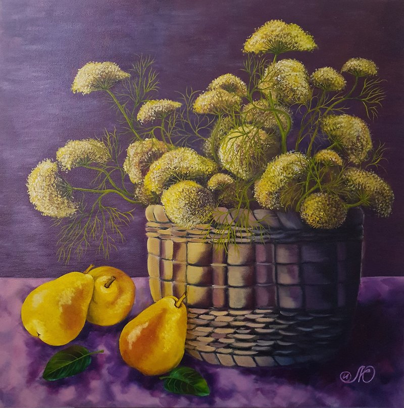 Pear Painting Still Life Art Wildflowers Bouquet Wall Art Canvas Oil Painting - Posters - Cotton & Hemp Purple