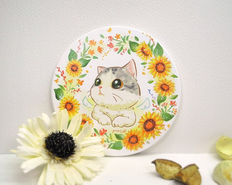 Sunflower Meow Ceramic Absorbent Coaster - ที่รองแก้ว - ดินเผา สีเหลือง