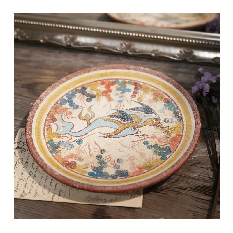 希臘老件.手工彩繪海豚圖案.獨特砂面工藝陶盤.陶瓷藝術品 - 壁貼/牆壁裝飾 - 陶 