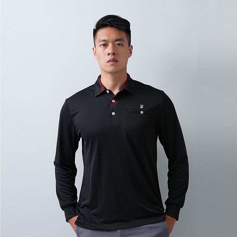Men's moisture-wicking and anti-UV functional long-sleeved POLO shirt GL1037 (M-6L large size) / jacquard black - Men's Sportswear Tops - Polyester Black