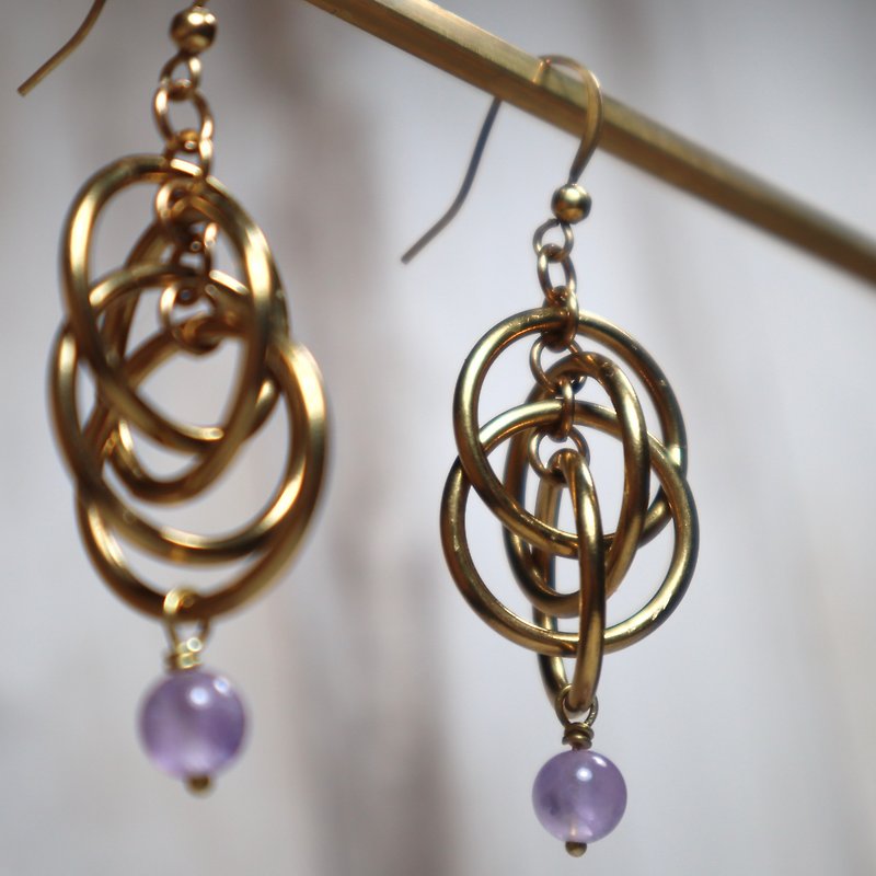 Lavender amethyst earrings Bronze circle can be changed clip-on brass customized Mother's Day gift - Earrings & Clip-ons - Copper & Brass Purple