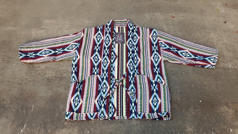 AMIN'S SHINY WORLD hand-set KIMONO Indian totem straight blouse coat - เสื้อโค้ทผู้ชาย - ผ้าฝ้าย/ผ้าลินิน หลากหลายสี