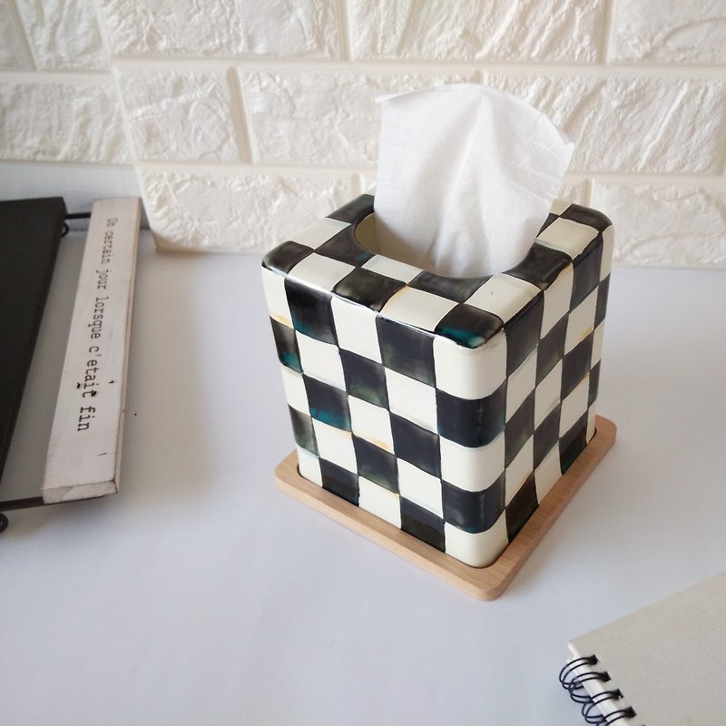 黑白格紋方型彩繪琺瑯面紙盒 - 擺飾/家飾品 - 琺瑯 多色