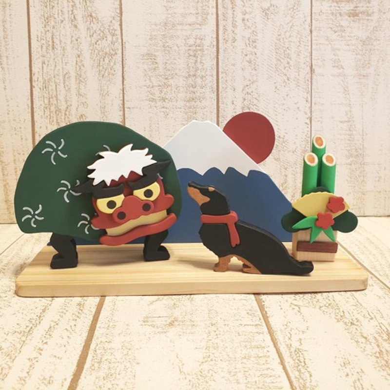 Black and Tan Dachshund and Lion Dance New Year Decorations - Items for Display - Wood Brown