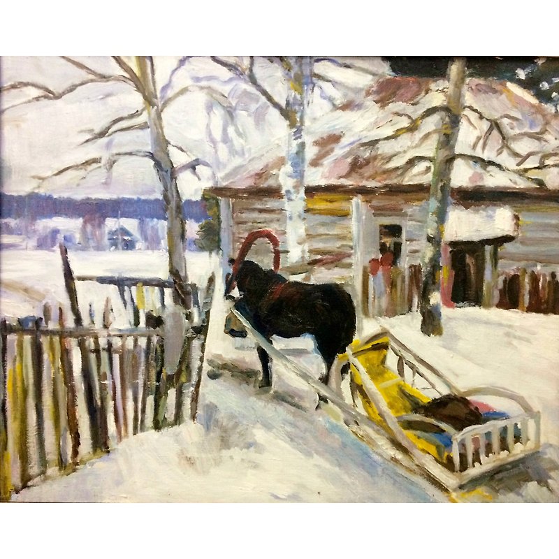 冬の風景画、手描き ロシアの古い村、馬/原創油畫/客廳掛畫 - ポスター・絵 - コットン・麻 