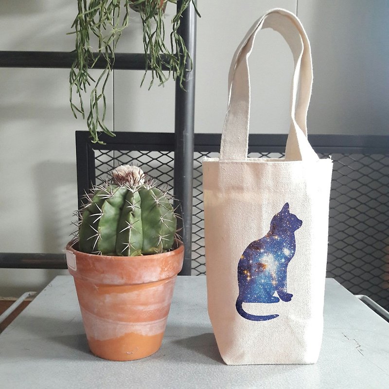 Cosmic Cat little cotton bag - ถุงใส่กระติกนำ้ - ผ้าฝ้าย/ผ้าลินิน ขาว