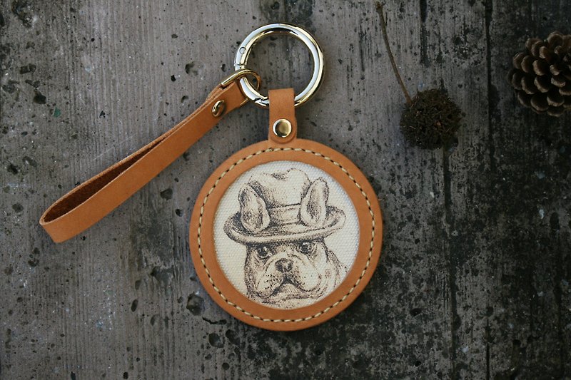 Handmade leather - pet sketch key ring - French bulldog / can be engraved English name - ที่ห้อยกุญแจ - หนังแท้ สีนำ้ตาล