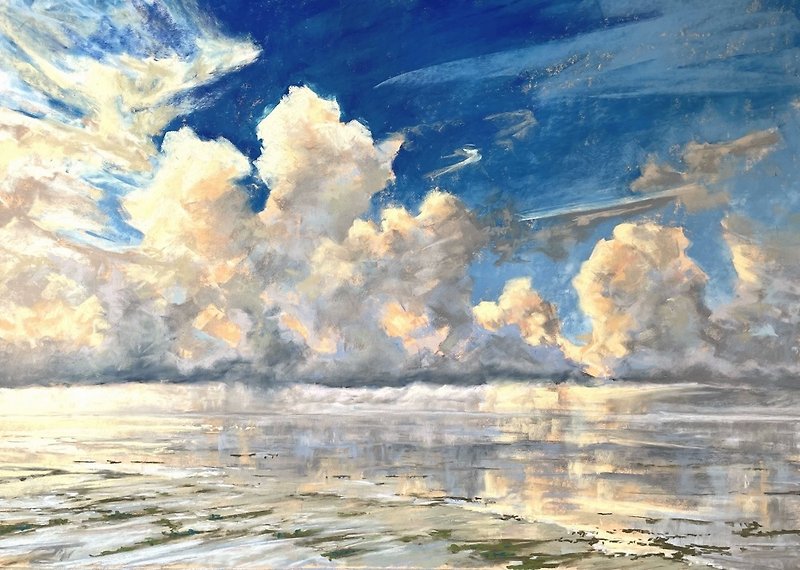 Original Painting Seascape Sunrise Sky Pastel Drawing Landscape Art Handmade - โปสเตอร์ - วัสดุอื่นๆ ขาว