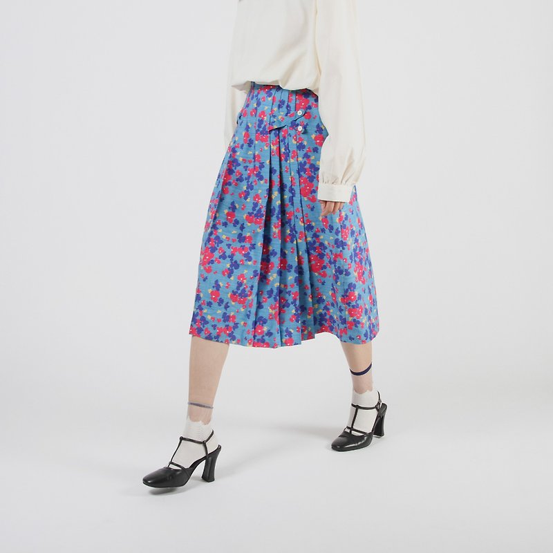 [Egg plant vintage] soda flower rain pleated print vintage dress - Skirts - Polyester Blue