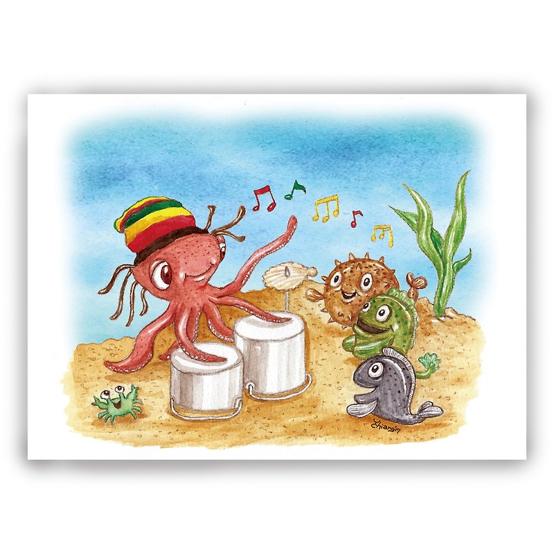 Hand-painted illustration universal card/postcard/card/illustration card--octopus drummer - Cards & Postcards - Paper 